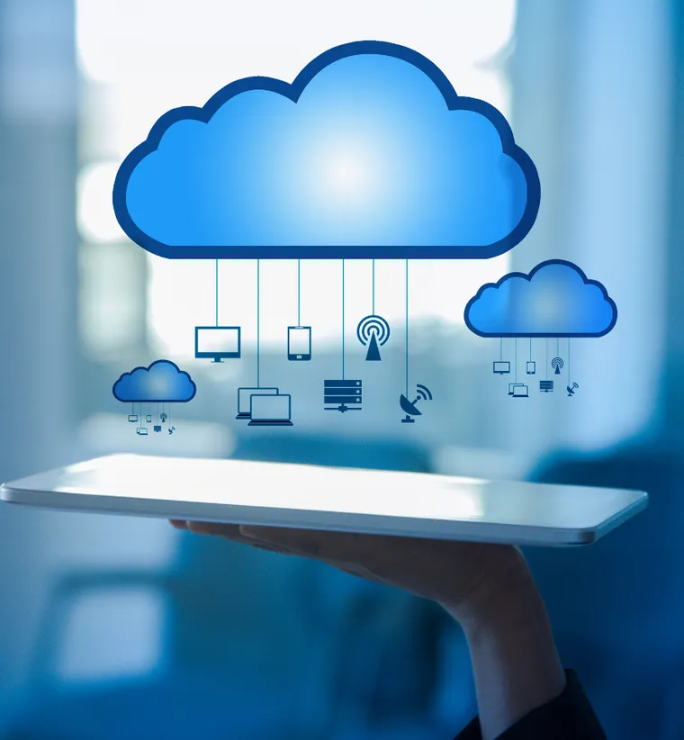 Tablet held beneath a cloud icon linked to laptops, phones and servers