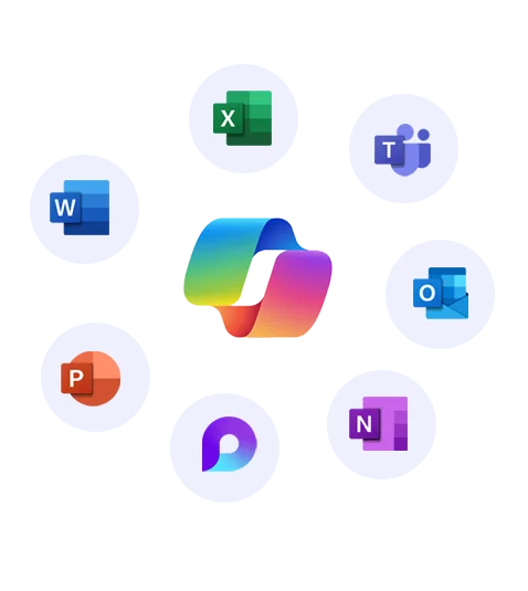 Microsoft 365 Copilot logo ringed by the Word, Excel, Teams, Outlook, PowerPoint and OneNote icons