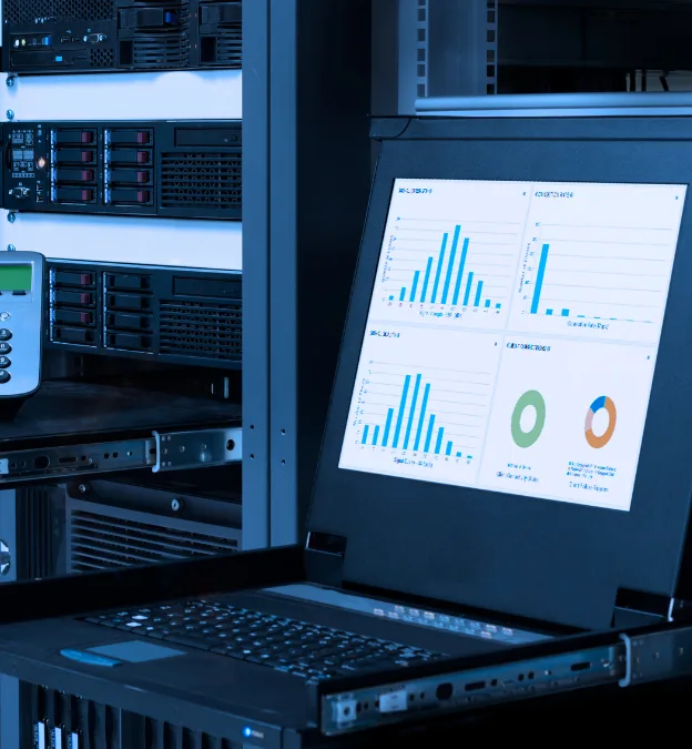 Monitoring dashboards on a rack console in a server room