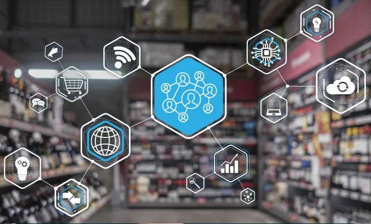 Technology icons linked across a blurred electronics store aisle