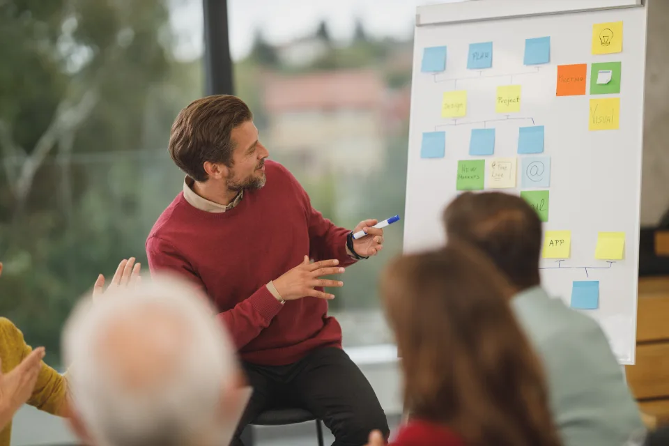 Someone leading a training session at a flip chart