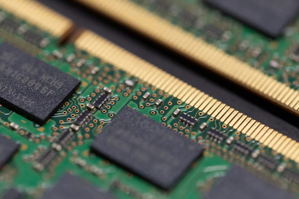 Close-up of RAM modules on a green circuit board